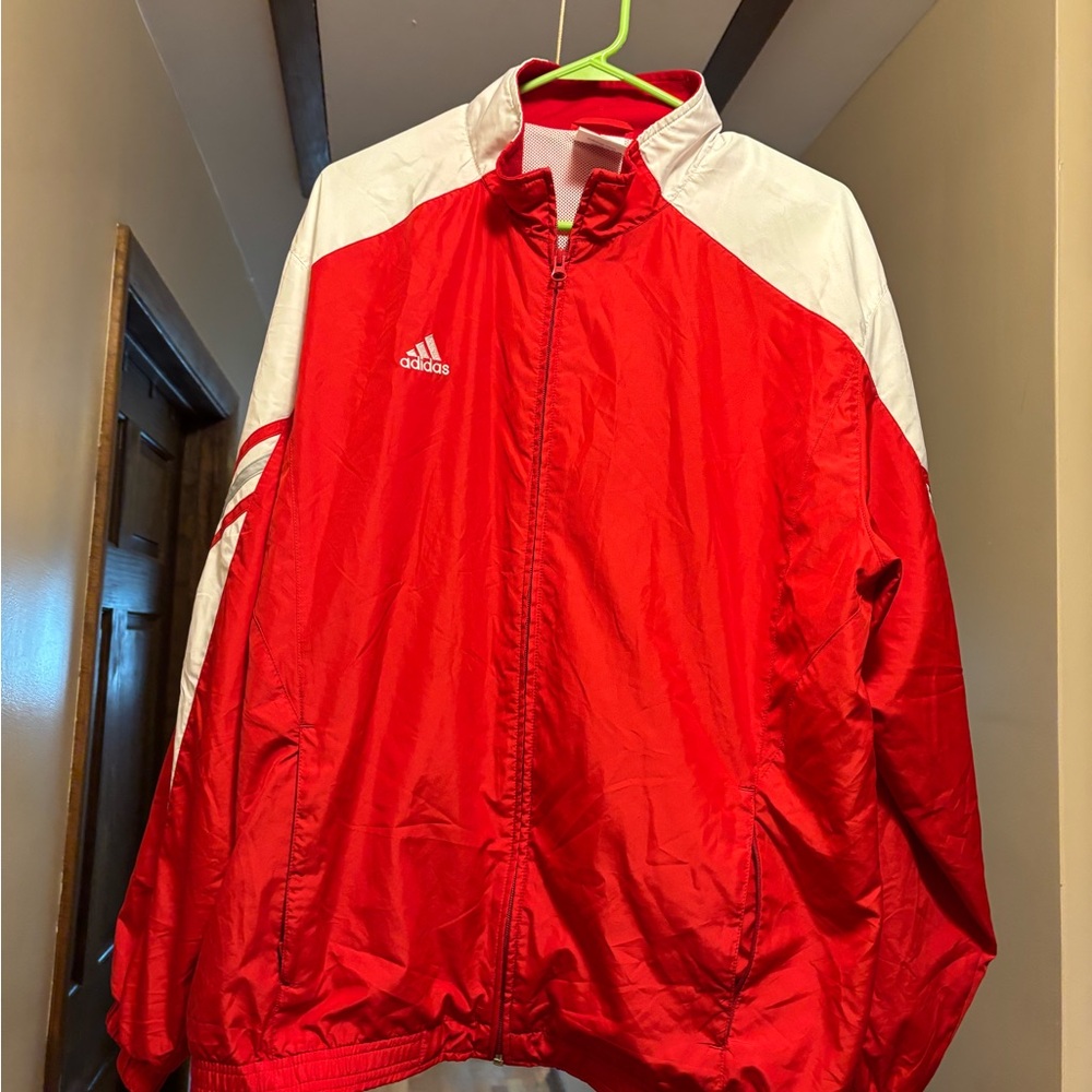 Adidas Men's Vibrant Red and White Windbreaker
